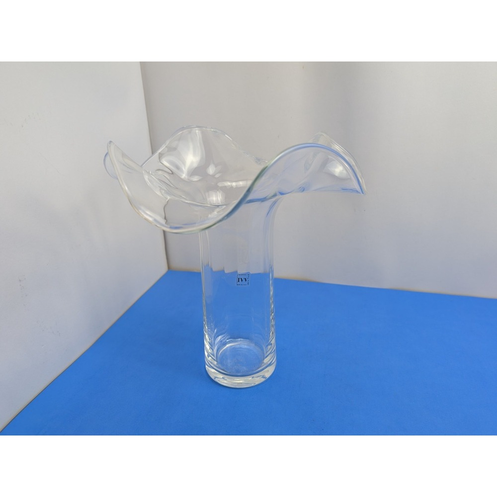 IVV Selezione Glass Vase Made In Italy Ruffled Hand Blown Art Glass Clear 9.5"